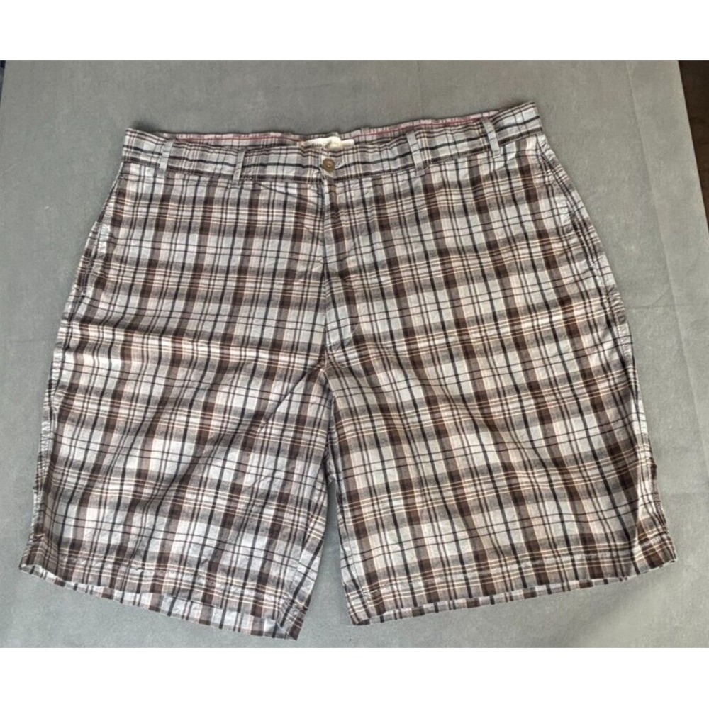Perry Ellis Short Men's 42 Brown Plaid 100%‎ Cotton Slash Pockets Pull On